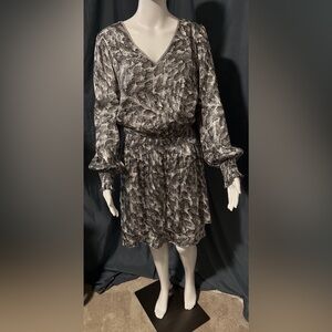 White House Black Market Metallic Smocked Blouson Feathers Long Sleeve dress